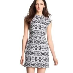 Theory Orinthia White Black Ikat Jacquard Cap Sleeve Sheath Mini Dress SZ 4